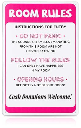 Room Rules Sign for Teen Girls, 12x8in Funny Pink Bedroom Decor Cute Gaming Room Door Decor Metal Tin Signs for Teen girls Room Dorm Wall Accessories