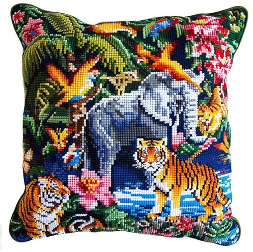 kitphoenix Latch Hook Kissen Kit, Tier Knüpfkissen Set Für Anfänger Erwachsene Oder Kinder Zum Selber Knüpfen,Tier Elefant Tiger Löwediy Knüpfteppich Knüpfpackung, Knüpfhaken Set 43 X 43 Cm