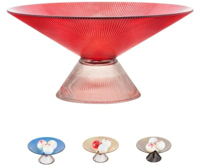 SPRINGBOW Fruit Bowl – 10” Red Glass Bowl/Decorative Bowl with Ripple Pedestal – Purse bowl, Decorative Bowls for Home Décor, Candy bowl, Decorative Glass Bowl