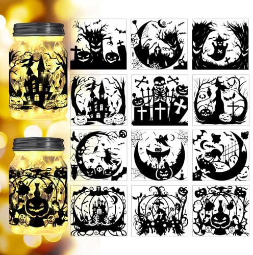 Peacoblue Halloween Elements Silhouette Cutouts for Jars,Mason Can,Wishing Bottle Decor(No Stickers),12Pcs Reusable Silhouette Lantern DIY Craft Kit Jar Decals Art Mural Home Garden Decor | Reusable Silhouette Crafts, Jar Lantern Decor, Easy DIY Art for Home, Garden, Weddings & Rustic Party Decorations