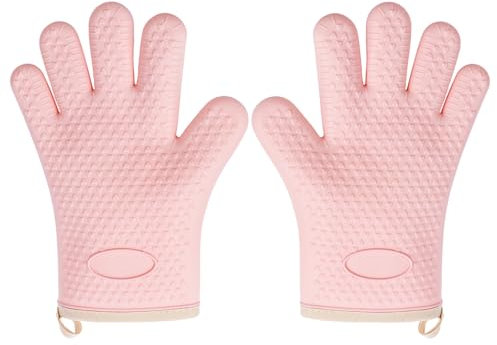 KTCINA Gants de four résistants à la chaleur - Maniques en silicone rose - Doublure en coton isolé - Gants de four antidérapants - Gants de cuisine confortables pour griller et cuire au four