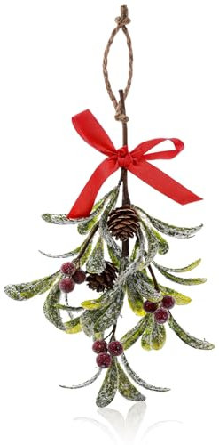 JIEYAO Weihnachts-Mistelzweig-Dekor mit roter Schleife, künstlicher Mistelzweig zum Aufhängen, Tannenzapfen, Mistelzweig-Hängestrauß, glitzerndes Weihnachtsbaum-Zubehör, trockene Blätter