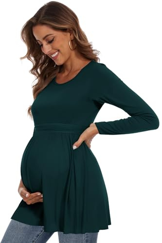 WOOXIO Women's Maternity Tops Short & Long Sleeve Pleated Waist Shirts Pregnancy Clothes Deep Green,L