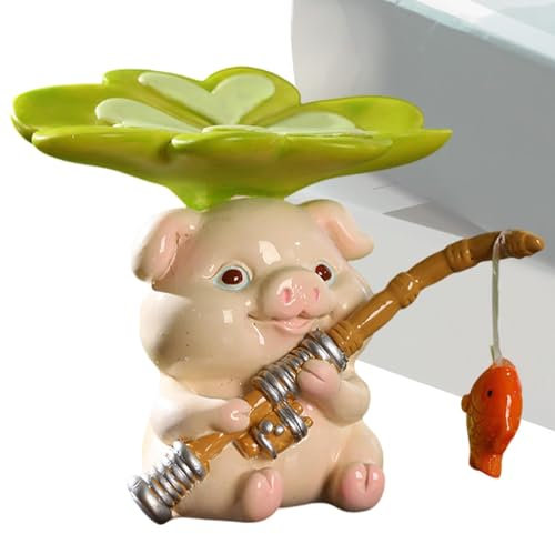 Statua Di Pesca Per Stagno, Figure Di Animali In Miniatura, Figure Da Giardino In Miniatura, Animali Da Pesca | Statua Di Pesca Di Animali Da Giardino Con Foglie, Statue In Vasi In Minia