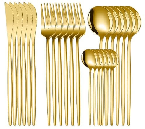 24-Piece Cutlery Set, Stainless Steel Flatware Set,Tableware Silverware Set for 6 with Spoon Knife and Fork Set Service,Dishwasher Safe/Easy Clean/Mirror Polished(Gold/700g/petite and Compact)