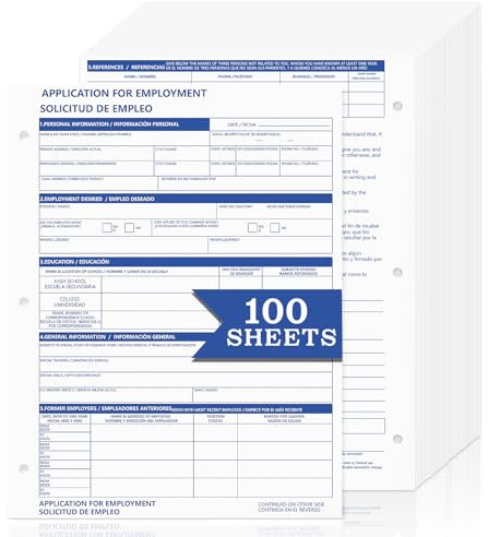 50 hojas de carpetas bilingües de solicitud de empleado, 8.5 x 11 pulgadas, formulario de solicitud de empleo, libro de formularios de solicitud de empleo, 3 agujeros, inglés y español para detalles