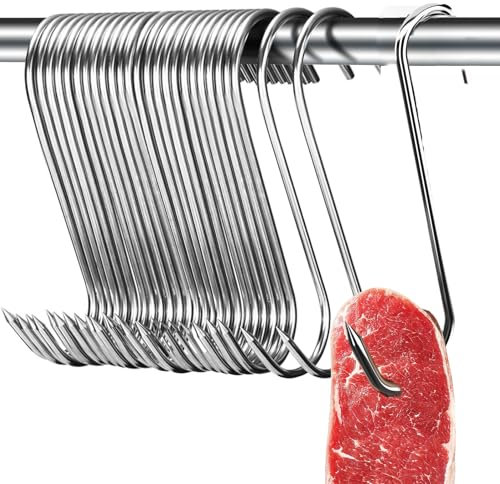 20 ganchos para carne en S, de acero inoxidable, para pollo, ahumado, de acero inoxidable, tamaño grande, para pollo, ahumado, de 15 cm