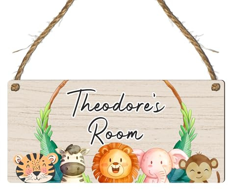 Personalised Jungle Animal Room Name Plaque - Nursery Bedroom Décor Gift – Custom Wood Door Or Wall Sign - New Baby Safari Name Decoration Gift (Wood Effect)
