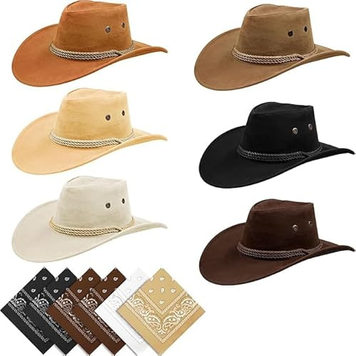 SWHCM Western Cowboy Hut, 6er Cowboyhut mit Bandanas Set für Erwachsene, Cowgirl Party Hut für Verkleidung, Kostüm, Karneval, Mottoparty