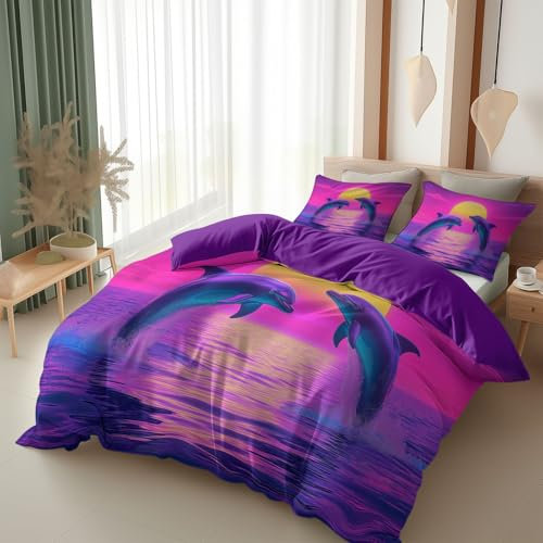Srigzcaly Copripiumino 140 x 200 cmDelfino che salta fuori dal mare, set da letto, viola copripiumino per 1 persona in microfibra traspirante con cerniera + 2 federe 65 x 65 cm