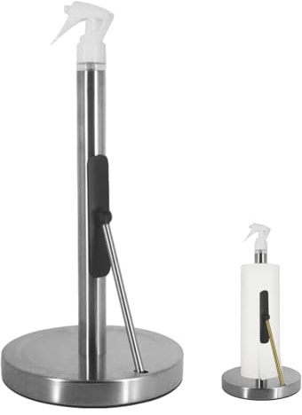 Paper Towel Stand | Spray Bottle Paper Towel Holder With Aesthetic Kitchen Countertop Sprayer - 1-Handed, Stainless Steel, Under Cabinet Roller, Non Slip Weighted Base For Kitchen