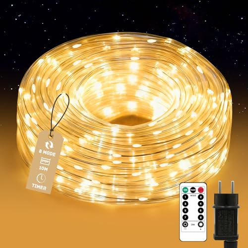 Auting Cinta de Luces para Exteriores con Mando a Distancia, Ø7.5mm 13M 200LEDS con Temporizador, IP65 Impermeable, Tubo de Luz Regulable para Decoración Navidad, Fiestas, Techo