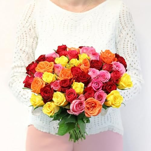 Fleurs et Délices - Brassée de Roses Multicolores Max Havelaar - Fleurs Fraîches - Bouquet de Roses Multicolores, Commerce Équitable Fairtrade, Idée Cadeau Anniversaire ou Amour, 40 Tiges