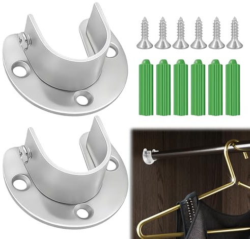 UIHRLM 2PCS 32mm Wardrobe Rail Bracket, U Shaped Stainless Steel Flange Rod Holder with Screws, Heavy Duty Closet Pole Sockets Easy Installation/Removal for Kitchen Bathroom Wardrobe Shower Curtain