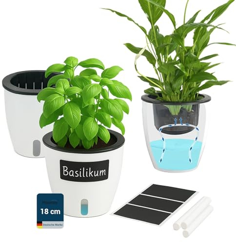 Maximex Selbstbewässernde Pflanztöpfe, 15-teiliges Set, Kräutertöpfe mit Wasserreservoir, automatische Bewässerung für Zimmerpflanzen, Ø 18 x 19 cm, Kunststoff