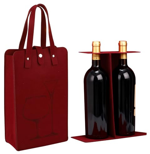 Filz Flaschentasche für 2 Flaschen, Wein Geschenktüte mit Griff und Teilern | 1 Stk Filz Flaschenträger mit Tragbare Isolierte, Wiederverwendbar Geschenktasche für Reisen, Picknick, Party und Weihnachten