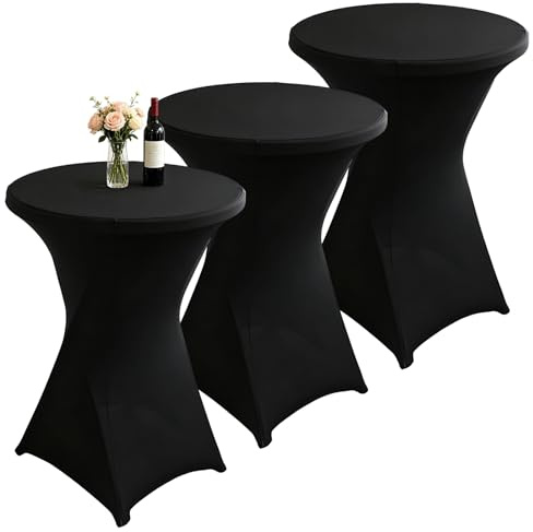 AKOLAFE 3er Set Stehtischhussen Schwarz Ø 80 cm – Stretch Tischdecke Rund mit 4 Fußtaschen, Tischhusse für Stehtisch 80x110cm, Schwarze Tischdecke für Hochzeit Bankett Bar Outdoor Event