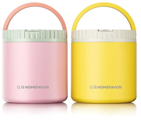 G.a HOMEFAVOR 532ml Insulated Food Flasks For Hot Food Kids Stainless Steel Food Thermos Flask 18oz Leakproof Thermal Soup Containers with Folding Spoon, Pink and Yellow