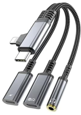 Okaywork Adaptador Jack a USB C y Carga 3 en 1 - Adaptador Tipo C y Lightning a Jack 3.5 mm Auriculares con Carga Rápida PD 60W, Cable Duplicador para iPhone 17 16 15 14 13 12 11, Samsung,Huawei