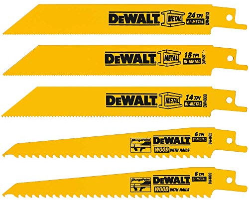 DEWALT Reciprocating Saw Blades, Metal/Woodcutting, 5-Piece Set (DW4857), Yellow