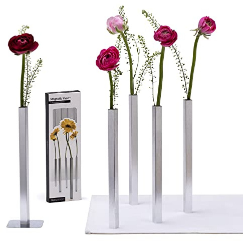 PELEG DESIGN Magnetic Bud Vase Set (Silver) - Unique Home Decor Gift & Modern Table Centerpiece - 5 Aluminum Single Stem Vases - 9.4 Tall Gravity Defying Decor