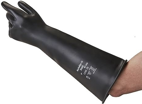 Ansell AlphaTec 87-104, Hochbelastbare Chemikalienschutzhandschuhe, 43cm Lange Stulpen, Strapazierfähige Schwarze Naturkautschuk- Latex Handschuhe für Industrie, Große Gummihandschuhe, 1 Paar, Gr. M