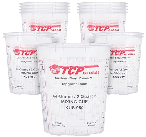 Custom Shop Paint Mixing Cups, 64-Ounce (12 Pack) - Plastic Measuring Cups for Liquids, Automotive Painting, Epoxy Resin, Acrylic Arts, Crafts, Disposable or Reusable, Graduated, Mixing Ratios