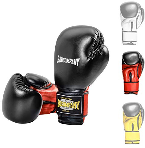 Bad Company Boxhandschuhe aus Kunstleder mit Belüftungssystem und breiter Box-Bandage mit Klettverschluss in verschiedenen Farbkombinationen für das Boxtraining, Sparring und Kickboxen I Gewichtsklassen 10 oz - 16 oz