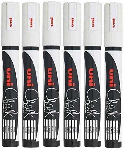 Uni White PWE-5M Flüssigkreide-Marker, Rundspitze (1,8–2,5 mm), für Whiteboard, Tafel, Kreidetafel, Menü, Glasfenster, feuchtes Abwischen, nicht permanent, 6 Stück
