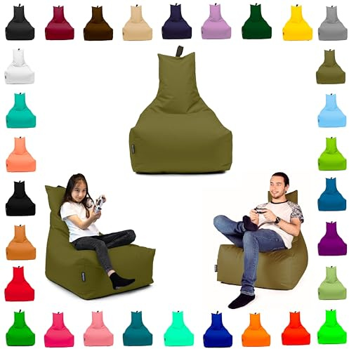 BuBiBag Sitzsack mit Rückenlehne – Gaming Sitzsack Kinder & Erwachsene | Beanbag Sessel gefüllt 70x80cm | Indoor & Outdoor Bodenkissen Sitzkissen | Oxford 600D wasserabweisend | Khaki