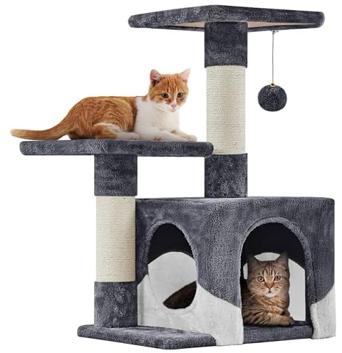 Yaheetech 69 cm Cat Tree 2 Sisal Scratching Posts, Dark Grey/White | Basic Cat Climbing Tree, Cat Tower for Indoor Cats, Roomy Condo, Solid Construction, Hanging Ball