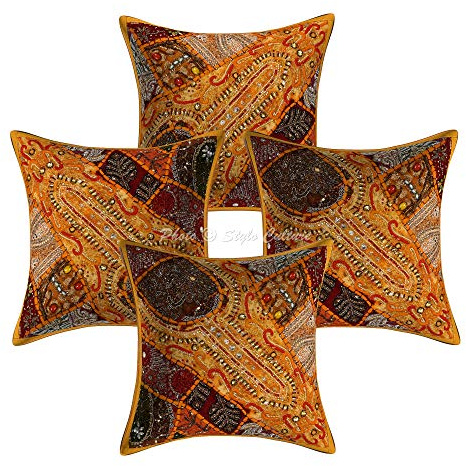 Stylo Culture Ethnicas Fundas Cojines Decorativa 40x40 cm Algodón Bordado Funda Almohadon Sofa Amarillo Mango 16x16 Inch Patchwork De Cuentas Cuadrado sobre Fundas Cojines Dormitorio - 4 Pcs