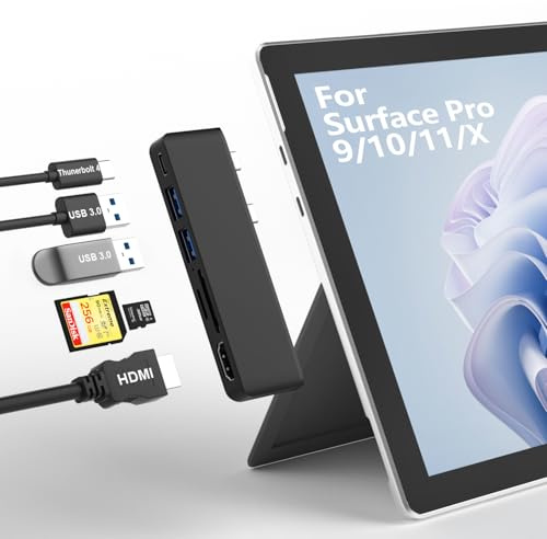 surface Pro 9/10/11/X Zubehör, Surface Pro 9/10/11/X Docking Station mit 4K HDMI, USB-C Thunderbolt 4 (Display+Daten+PD-Aufladen), 2 USB 3.0, SD/TF-Kartenleser