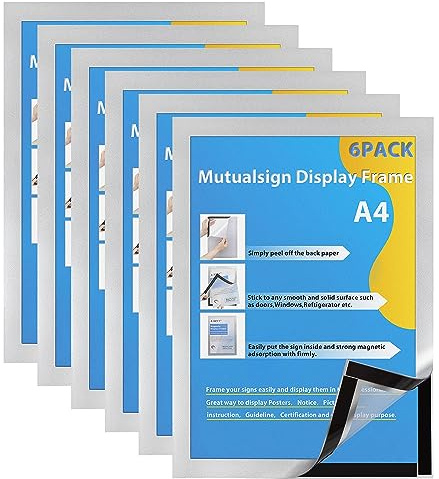 Mutualsign Magnetram inforam A4, självhäftande, 6 stycken, magnetfodral, informationsram, magnetisk, vägg- och fönsterinforam (silver)