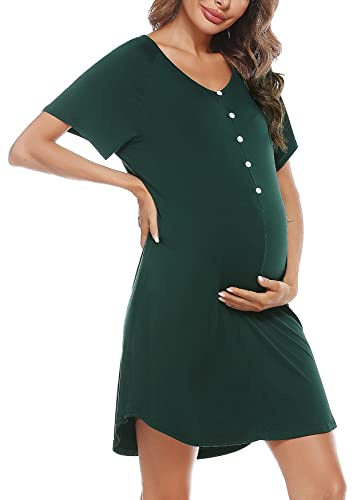 Uniexcosm Camicie Notte Donna, Camicia da Notte Parto Ospedale Camicia da Notte Allattamento con Bottoni Scollo a V Camicia Premaman Manica Corta Raglan adatto Casa Verde Scuro L