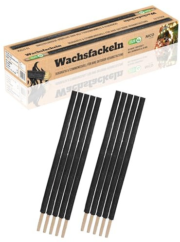 Nico Feuerwerk® 10 Stück Wachsfackeln, Brenndauer 90 Min. I hochwertige Fackeln aus Wachs mit Handschutz für Erwachsene & Kinder I Garten-Fackel für Outdoor Party, Event, Nacht-Wanderung
