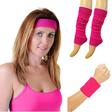 Damen-Armbänder, Stirnband und Beinstulpen, Set für Damen, 80er-Jahre, Party-Schweißbänder, Kostümzubehör, Hot Pink