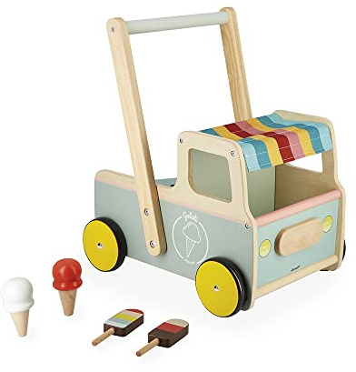 Janod Carrito Andador de Madera Heladería-4 Helados-Ruedas Silenciosas-Sistema Antivuelco-Certificado FSC-Pintura al Agua-A Partir de 1 Año, J08049, Multicolor