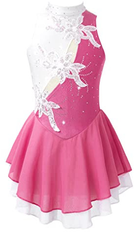 Yeahdor Kinder Mädchen Eiskunstlauf Kleid Neckholder Tanzkleid Mit Strass Chiffon Rollschuhkleid Ballettkleid Wettbewerb Tanzkleidung B Rosa Weiß G 170-176