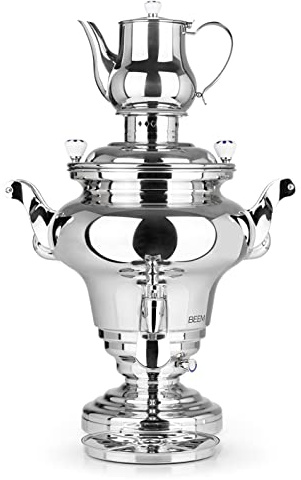 BEEM ROYAL+ Samovar - 15 l | Acero inoxidable | Tetera turca eléctrica | 3000 W | Tetera de acero inoxidable de 2 l con colador | Hervidor de agua de 15 l | Nuevo dispensador con operación con una