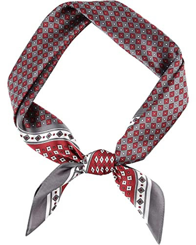 DAMILY Vintage Seidig anfühlendes Quadratisches Herren-Tuch, Satin Bandana mit Winzigem Medaillon-Print Geometrischem Halstuch und Kopftuch (Grau rot)