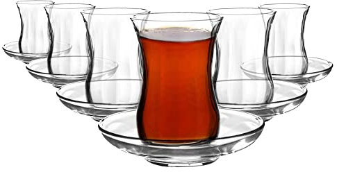 LAV 12pc Clear Dimpled 115ml Klasik Glass Tea Cup & Saucer Set - Small Vintage Kitchen Coffee Cappuccino Espresso Teacup Mugs