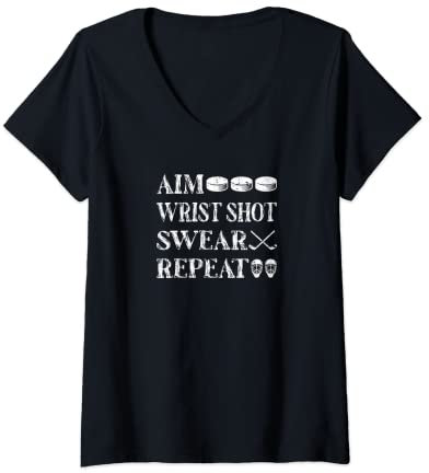 Damen Eishockey Ausrüstung Schläger Puck Hockey T-Shirt mit V-Ausschnitt