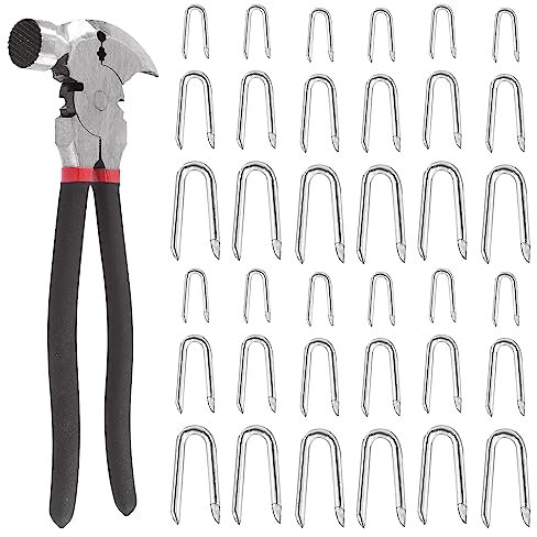 Glarks 151Pcs 3 Sizes Fence Staples Fencing Pliers with Hammerhead Set, Silver Steel Wire Fence Staples U Shaped Nails U Staples for Woven Fencing and Wire Mesh