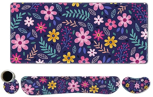 ToLuLu Extended Gaming Mouse Pad, Memory Foam Keyboard Mouse Wrist Rest Set | Large Desk Mat with Stitched Edges, Non-Slip Base Ergonomic Support Mousepad for Home Office Game Study, Purple Flowers