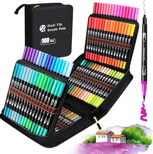 100 Farben Filzstifte, Doppelkopf-Stiftspitze, Schreibset für Kinder und Erwachsene, professioneller Aquarellstift – inkl. 3 Vorlagen
