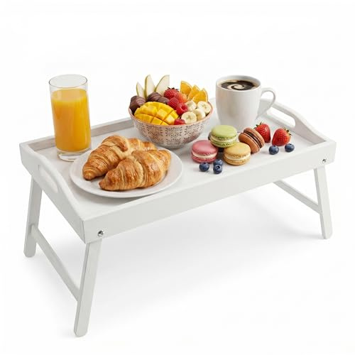 Fusion Food Bed Tray Table with Folding Legs – Organic Bamboo Lap Tray with Secure Surface & Built-in Side Handles | Ideal for Eating, Reading & Working on Beds & Sofas