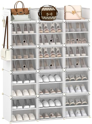 Hzuaneri Scarpiera, 12 Scarpiere con Ante e Ganci, Contiene 54 Paia di Scarpe, 36 x 125 x 161 cm, Panca Portascarpe in Plastica per Corridoio, Camera da Letto, Ingresso, Bianco Trasparente SR10903W