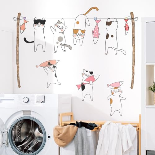Tanlaby Gato Robando Pescado Vinilo Pared Tendedero Peces Pegatinas | Caricatura Autoadhesivo Removible Vinilos Decorativos para lavandería Salón Dormitorio Baño Decoracion Pared