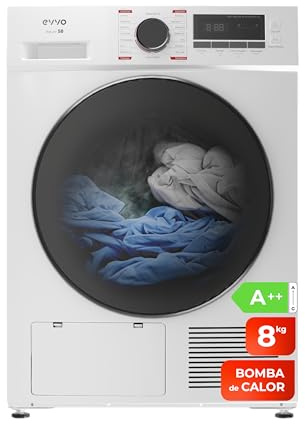 EVVO Secadora Bomba de Calor 8 kg, Selector de Tiempo, Clase Energética D, Aire Frío para Prendas Delicadas, Airfresh, Sensor de Humedad, Antiarrugas, Inicio Diferido (Modelo Nature S8 Blanca)